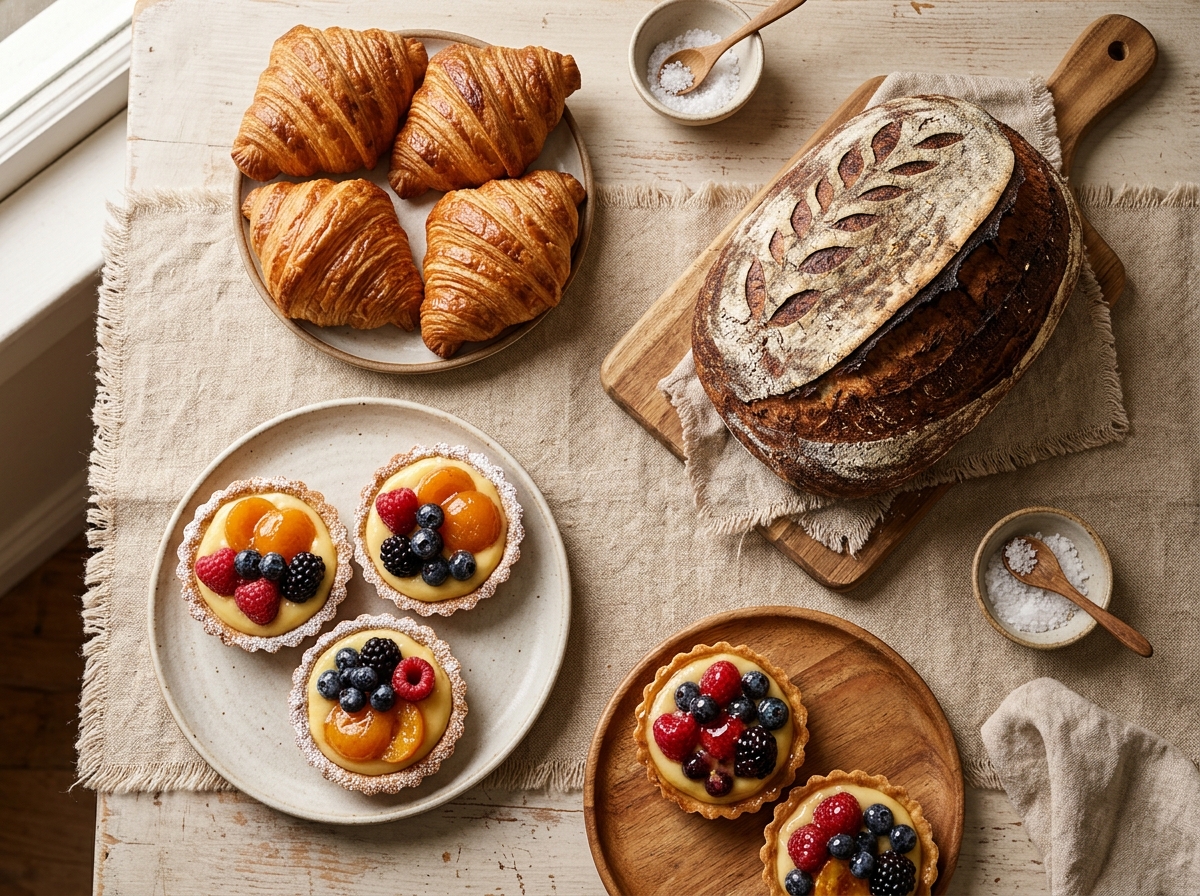 Croissants, fruit tarts and a sourdough loaf on a linen-covered table